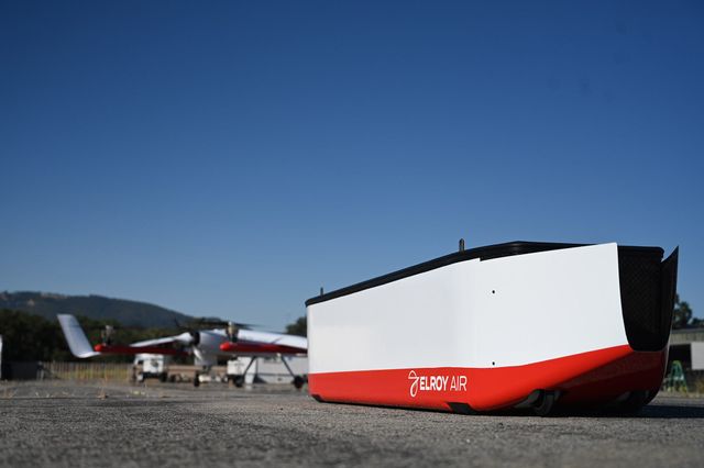 Elroy Air Cargo Pod prototype, with Chaparral in the background, at Camp Roberts, CA.